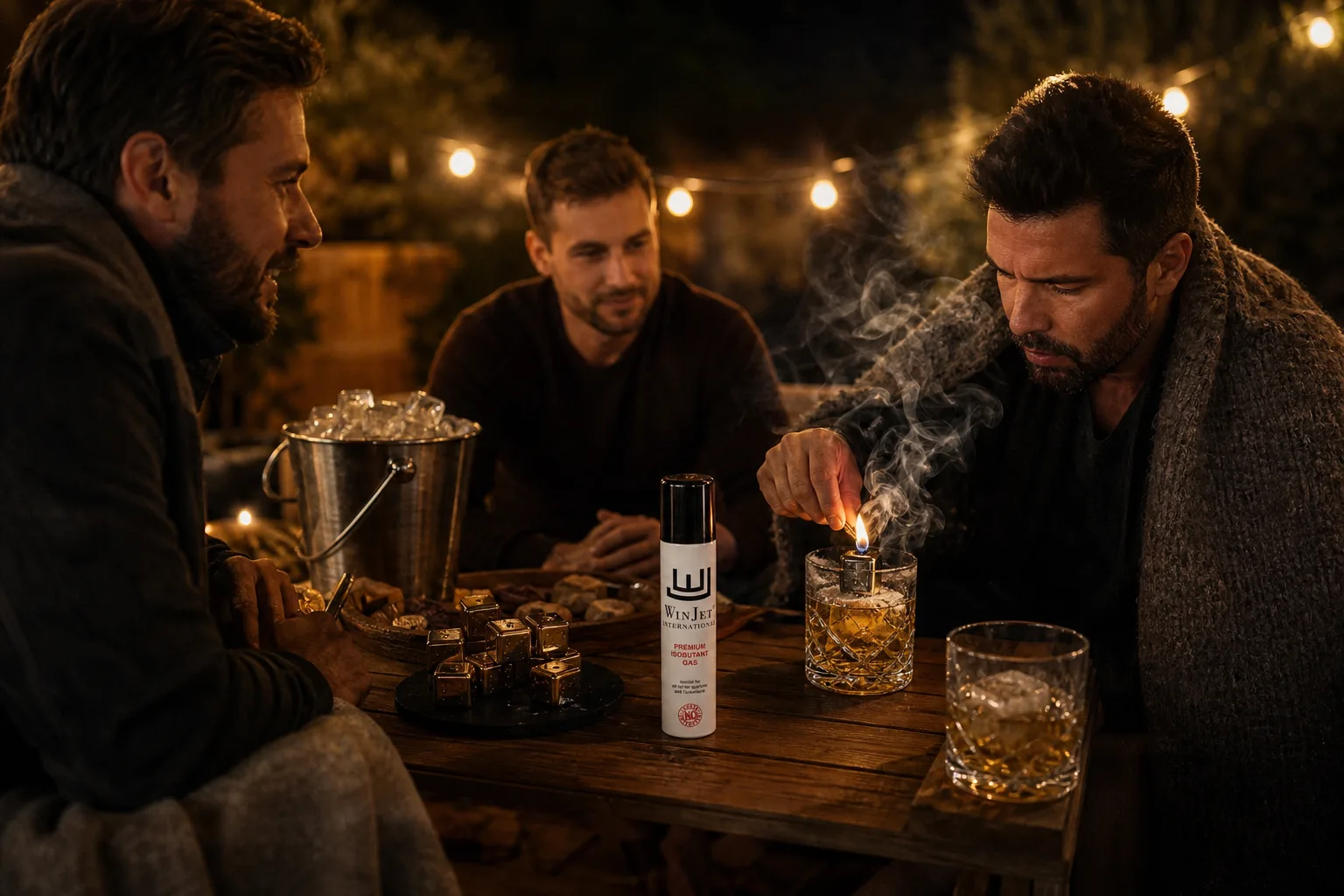 Esti teraszon egy férfi a barátaival faasztal körül ül, az egyikük whiskey-s pohár tetején lévő füstölőt kis lánggal meggyújtja, a pohárból sűrű füst gomolyog; körülöttük jégvödör, falatkák, takarók és meleg kültéri fényfüzér látható.