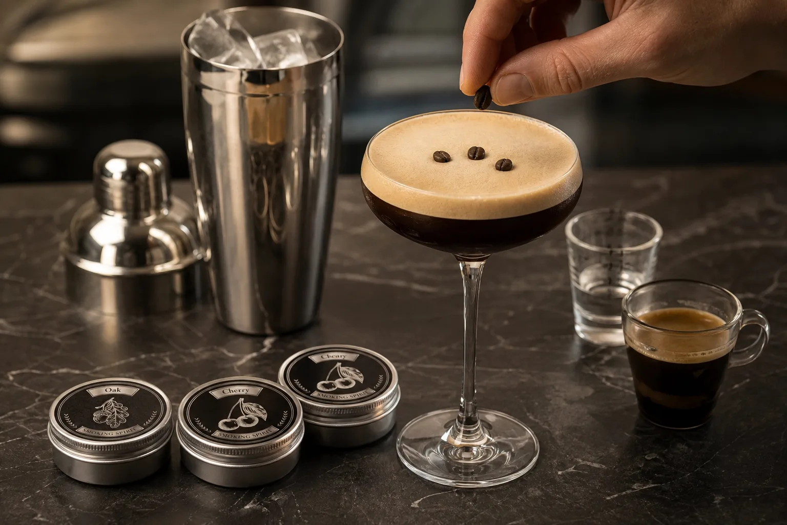 Konyhapulton álló coupe pohár frissen kitöltött espresso martinivel, tetején három kávészemmel; mellette jégkockákkal teli shaker, kis eszpresszós csésze és vodkás mérőpohár, egy kéz épp a koktél felszínére teszi az utolsó kávészemet.