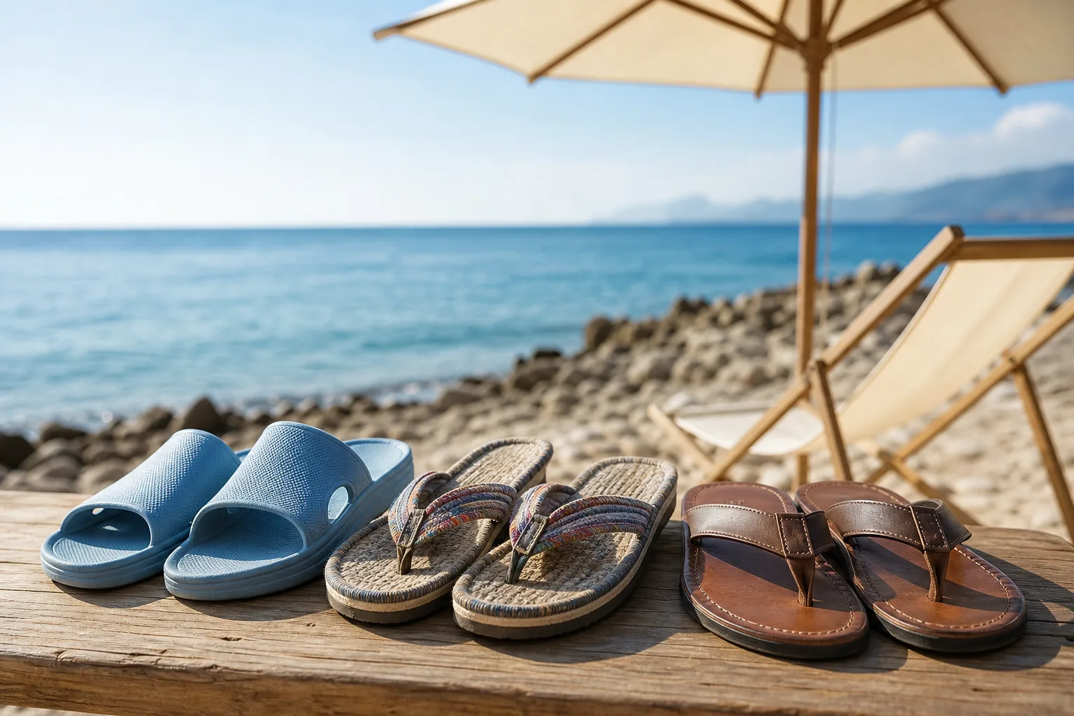 Különböző anyagú strandpapucsok (műanyag, textil, bőr) egy asztalon, mellettük egy tengerparti szék és napernyő, a háttérben a tenger látható.