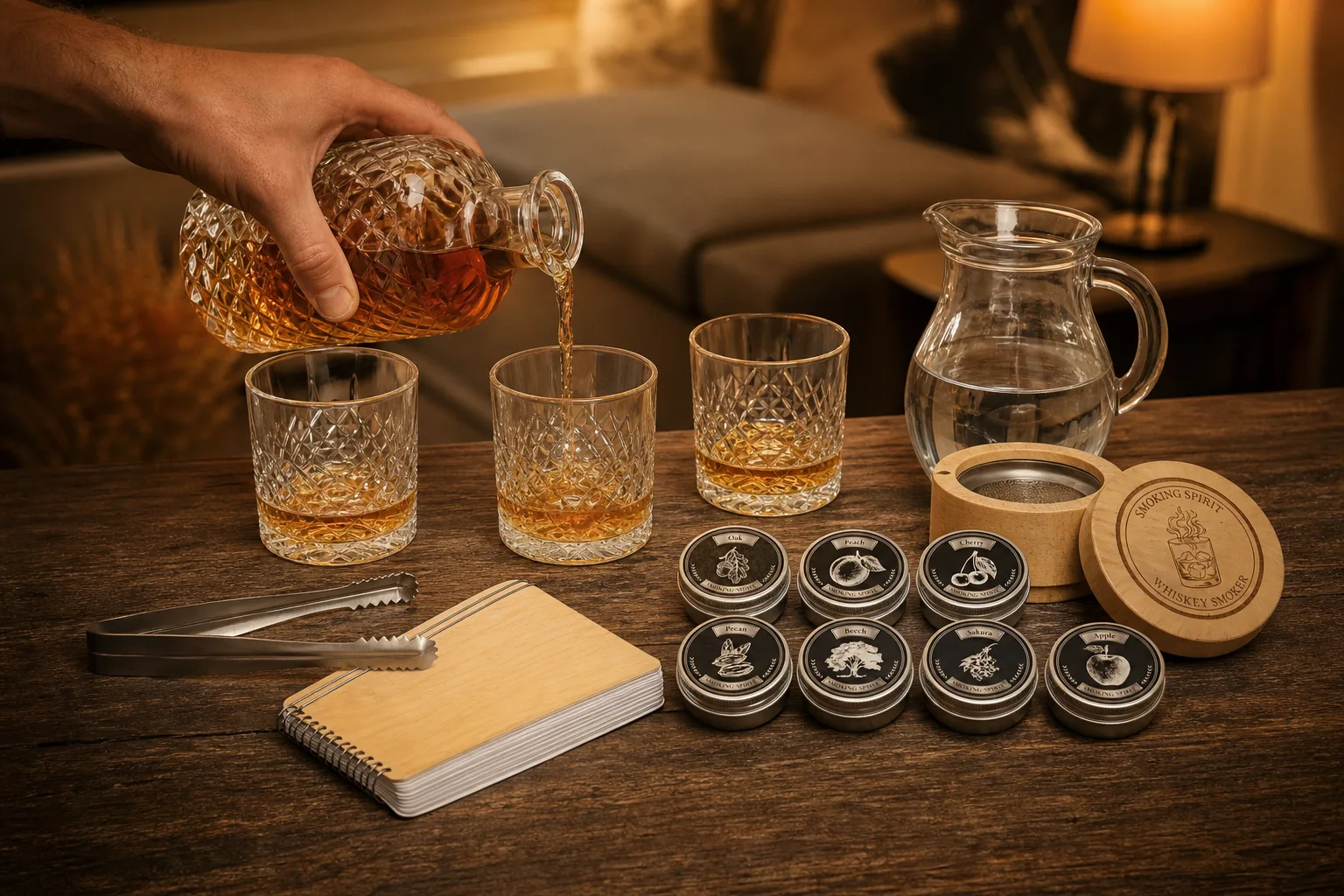 Fa étkezőasztalon három címke nélküli whiskey-s pohár, egy kis kancsó víz, jégcsipesz és jegyzetfüzet hever, miközben egy kéz borostyánszínű italt tölt az egyik pohárba a meleg fényű nappaliban.