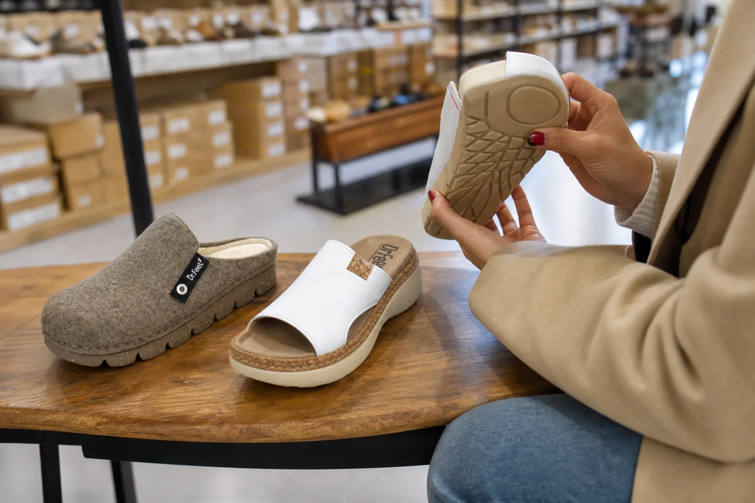 Egy outlet üzlet cipősorai között fa padon három különböző stílusú, logó nélküli bőrcipő és sneaker egymás mellé téve, mellettük egy vásárló kézben tartva vizsgálja az egyik cipő talpát.