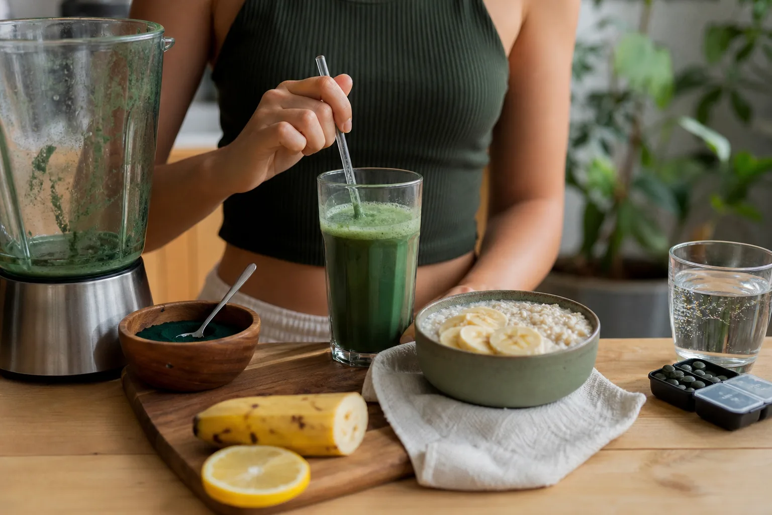 Reggeli konyhai jelenet: egy pohár zöld smoothie, egy kanál spirulina por a turmixgép mellett, fél banán, citromkarika és zabkása az asztalon; egy kéz épp elkeveri a zöld italt, a másik oldalon egy kis tablettatartó és egy vizespohár vár a napi rutin részeként.