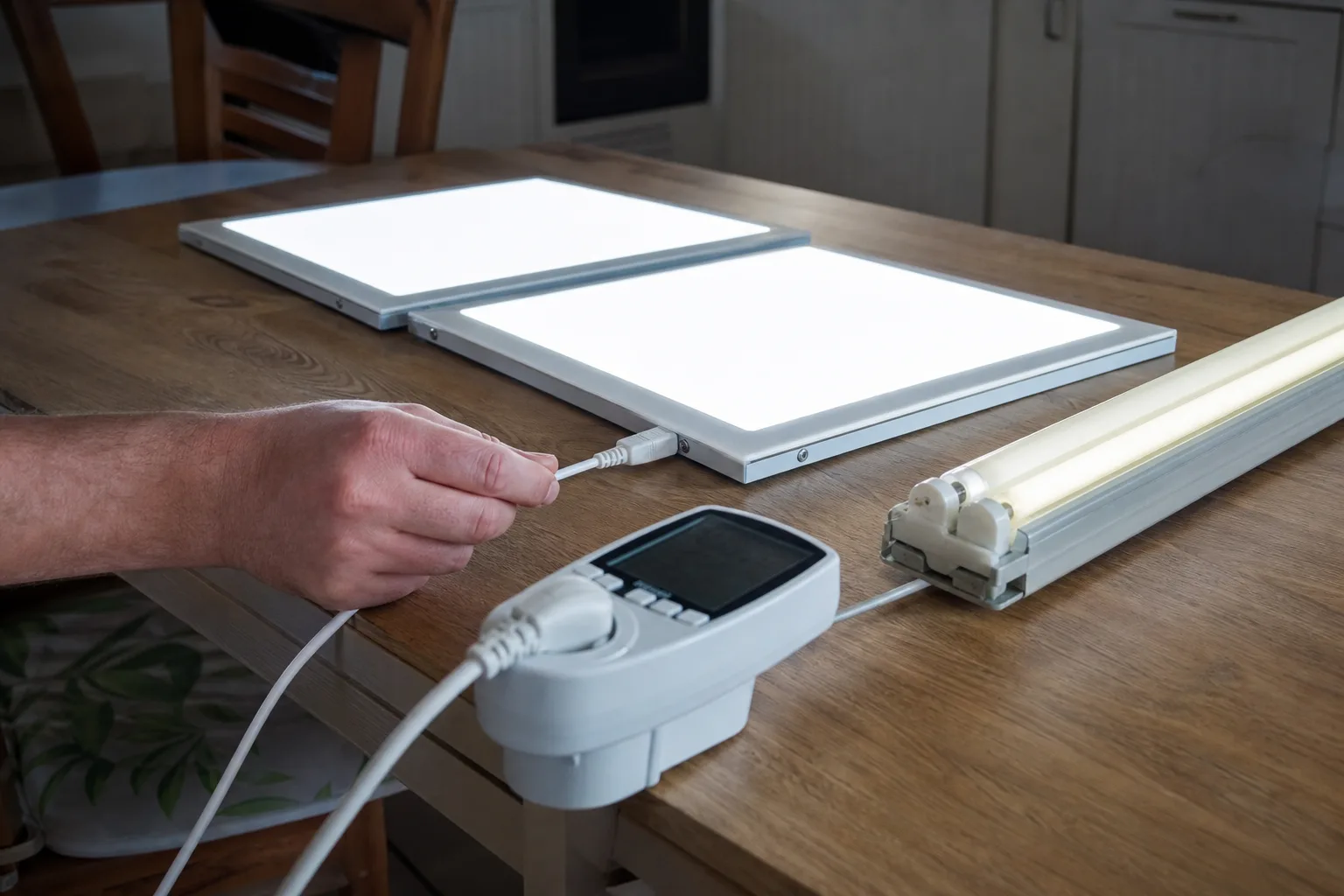 Egy konyhaasztalon egymás mellett fekvő két bekapcsolt négyzet alakú LED panel és egy régi fénycsöves armatúra, mellettük egy kézi fogyasztásmérőbe dugott csatlakozóval; egy szerelő keze éppen az alacsonyabb fogyasztású panel kábelét csatlakoztatja.