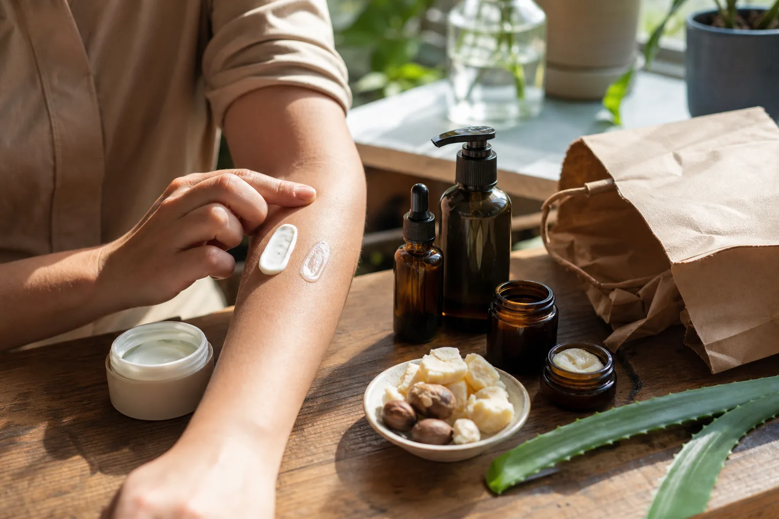 Konyhaablak melletti faasztalon egy vásárló alkarján kétféle arckrémet próbál ki, mellette bontott papírzacskó, üres címke nélküli kozmetikai üvegek, aloe levél és sheavaj darabok egy kis tálban.