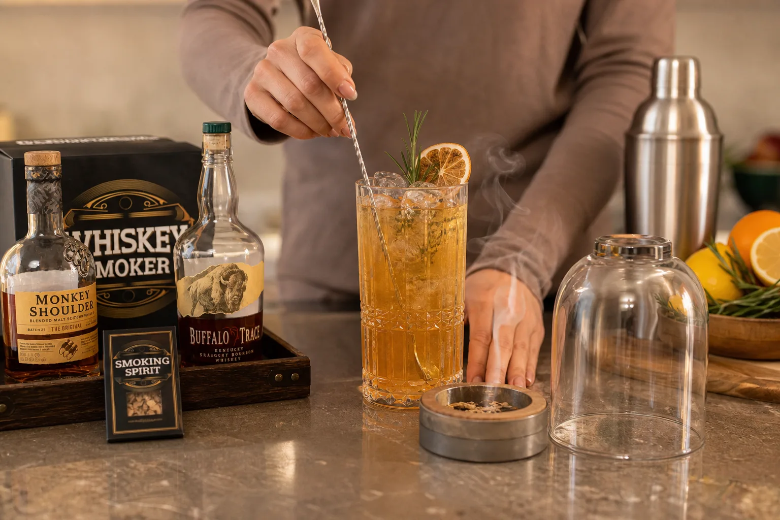Otthoni konyhaszigeten egy magas pohárban jéggel, citruskarikával és rozmaringgal díszített füstölt mocktail, a pohár mellett égő faforgácsot tartó kis fémtál és ráfordított üvegbúra; egy személy koktélkanállal lassan megkeveri az italt, miközben a háttérben citrusok és shaker látszanak.