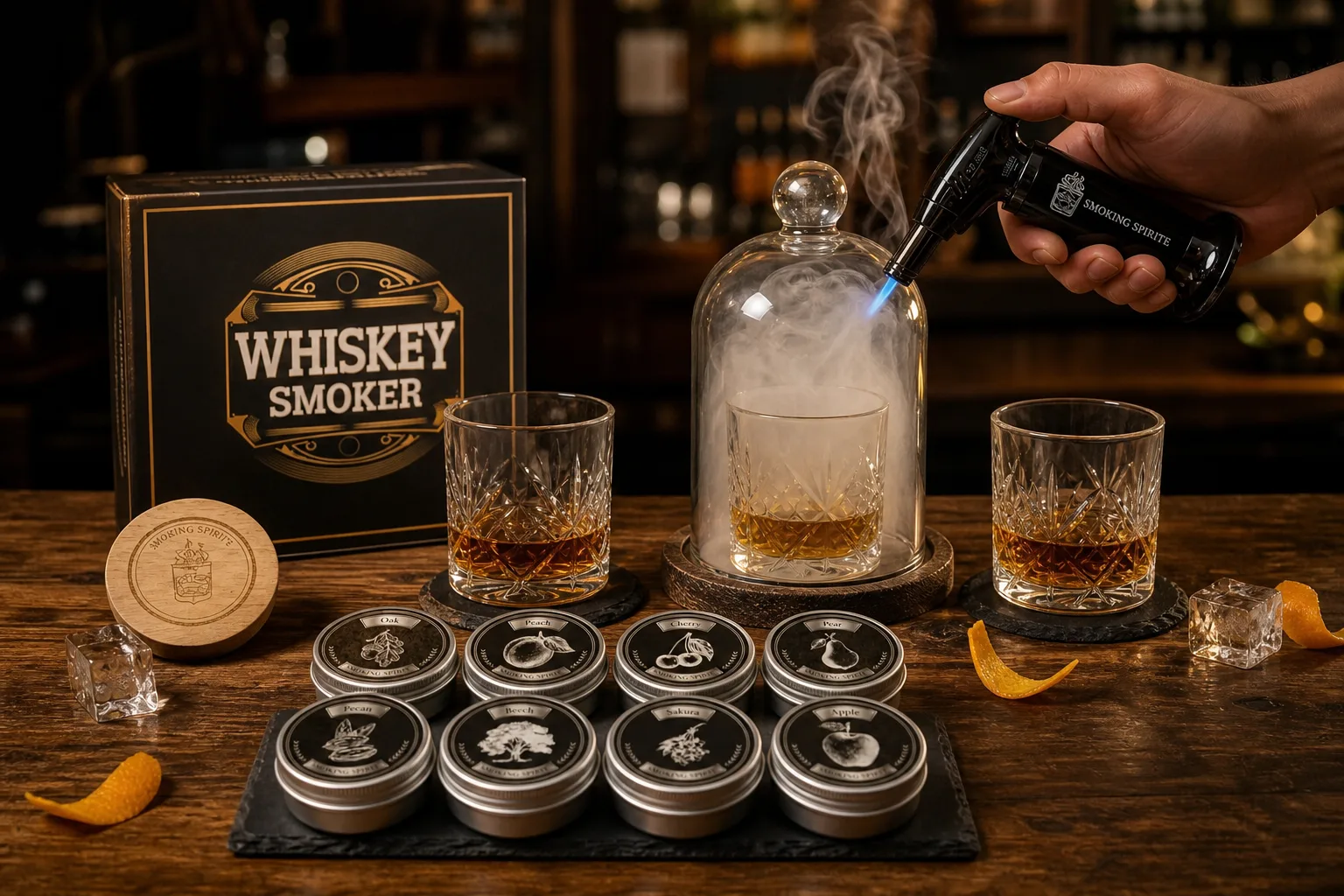 Sötét diófa bárpulton három különböző, címke nélküli whiskeyspohár áll borostyánszínű itallal; egy kéz kis füstölőpisztollyal épp üvegbúra alá engedi a füstöt az egyik pohár fölé, mellette jégkockák és narancshéjdarabok hevernek.