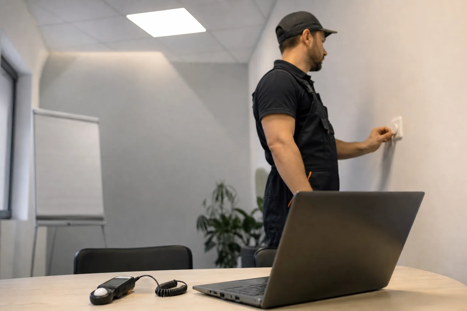 Egy kis tárgyalóban a mennyezetbe süllyesztett LED panel világít, alatta egy asztalon kézi fénymérő és egy nyitott laptop látható feliratok nélkül, miközben egy villanyszerelő a falon lévő fényerő-szabályzó gombját állítja.
