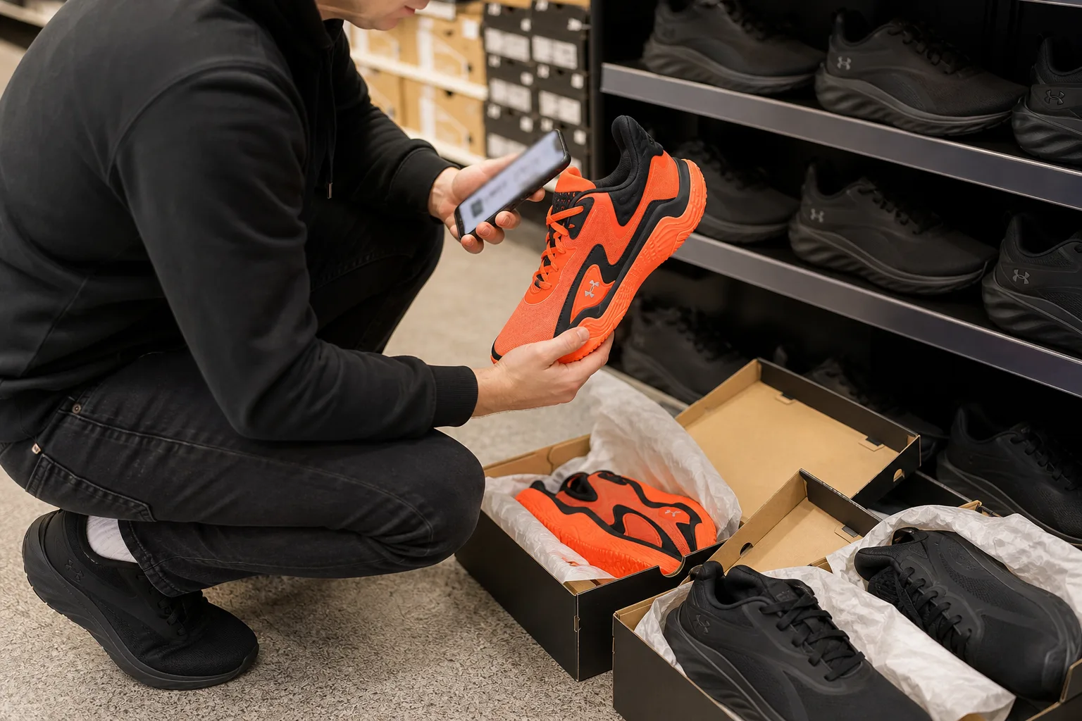 Outlet üzlet cipőpolca előtt egy vásárló leguggolva kézbe vesz egy élénk színű futócipőt, mellette nyitott cipősdobozok és több pár logó nélküli sportcipő sorakozik, a kezében lévő telefon képernyője elmosva látszik.