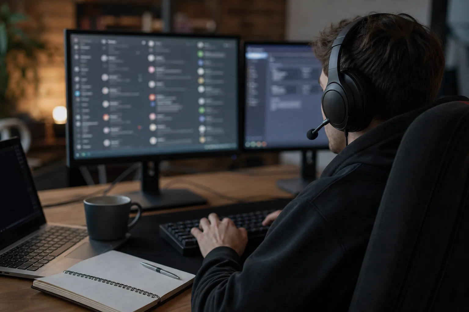 Egy gamer asztalon fejhallgatós supportos ül két monitor előtt; az egyik képernyőn elmosott, sötét chatfelület látszik több külön beszélgetési ablakkal, mellette jegyzetfüzet, kávésbögre és nyitott laptop, miközben a supportos a billentyűzeten gépel.