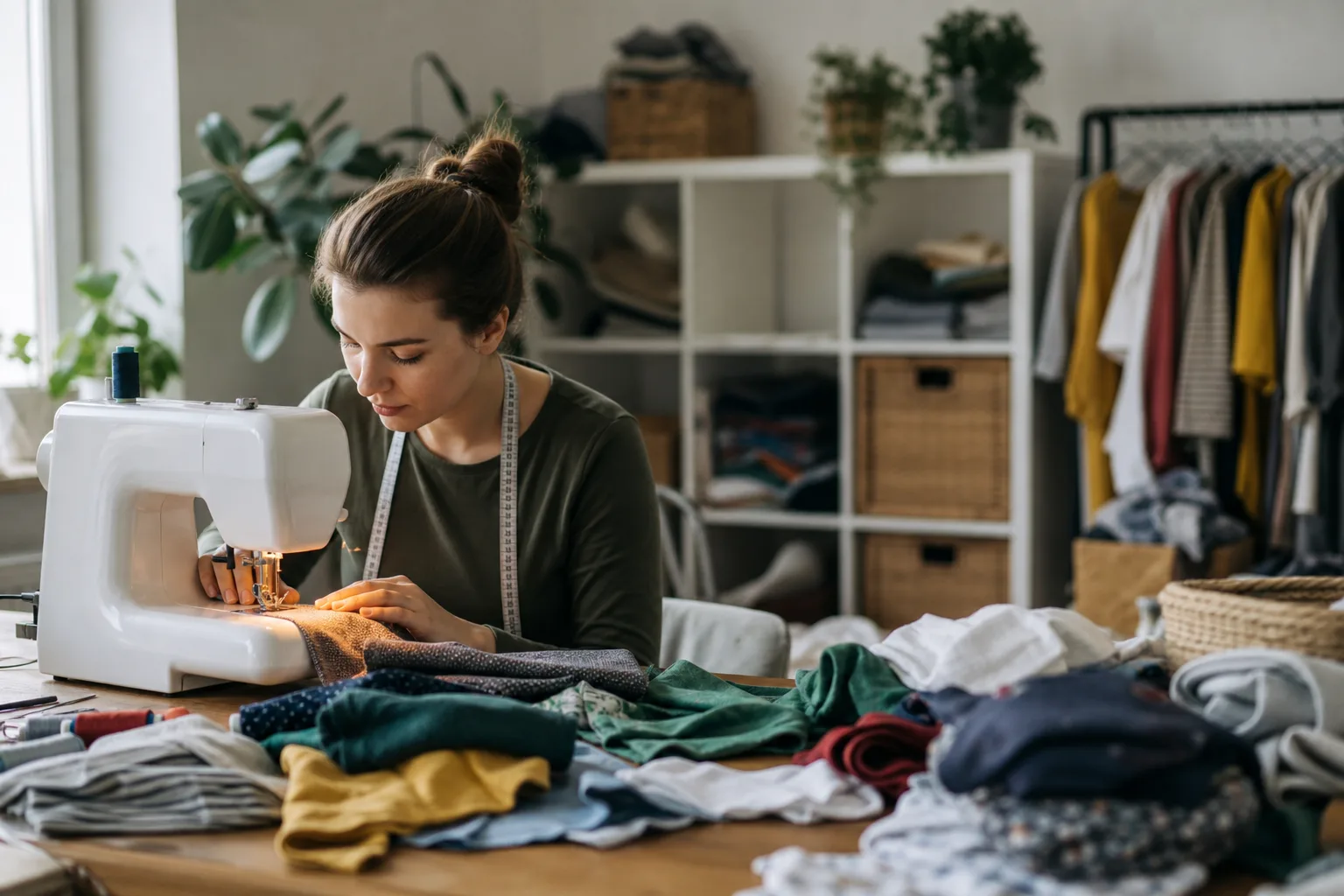 varrónő dolgozik újrahasznosított textilekkel, különböző színű szövetek asztalon
