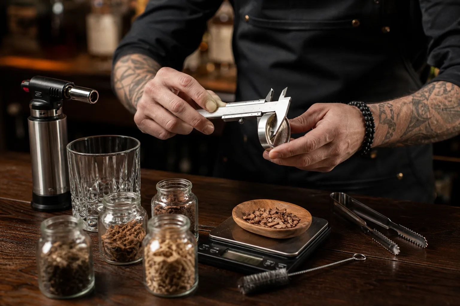 Sötét fa bárpulton szépen szétterítve egy whiskey füstölő szett elemei: fém peremű füstölőkorong, gázégő, többféle faforgács kis üvegedényekben, tisztítókefe, jégcsipesz és vastag falú pohár; egy személy tolómérővel a füstölőkorong vastagságát méri, mellette digitális konyhai mérlegre helyezett faforgácsos tálka.