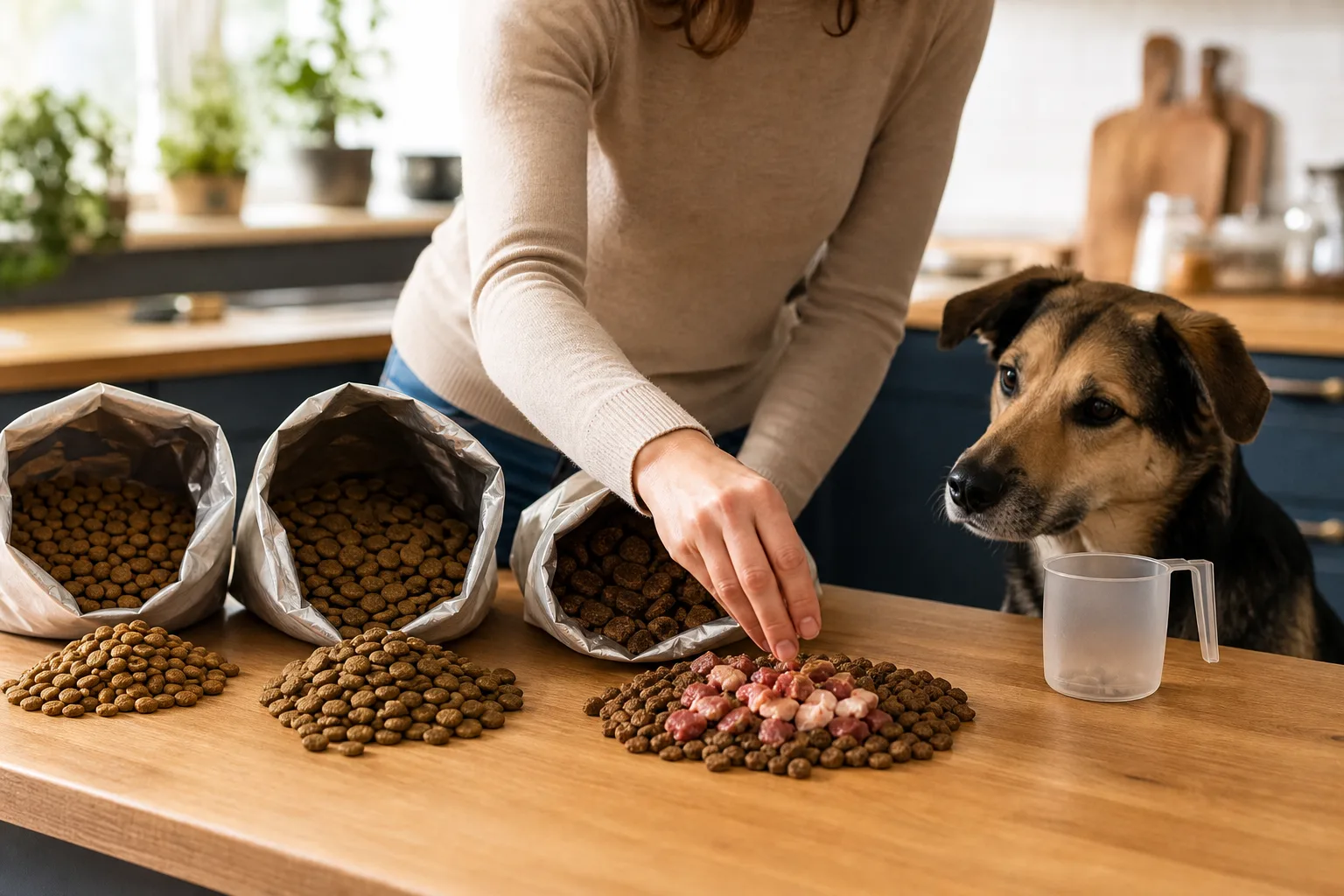 Konyhapulton három nyitott, jelöletlen kutyatáp-zacskó áll egymás mellett, előttük külön kupacokban különböző méretű száraztáp-szemek és egy mérőpohár; a gazdi az egyik, húsdarabokkal kevert adag fölé nyúl, miközben egy közepes termetű kutya a pult mellett várakozik.