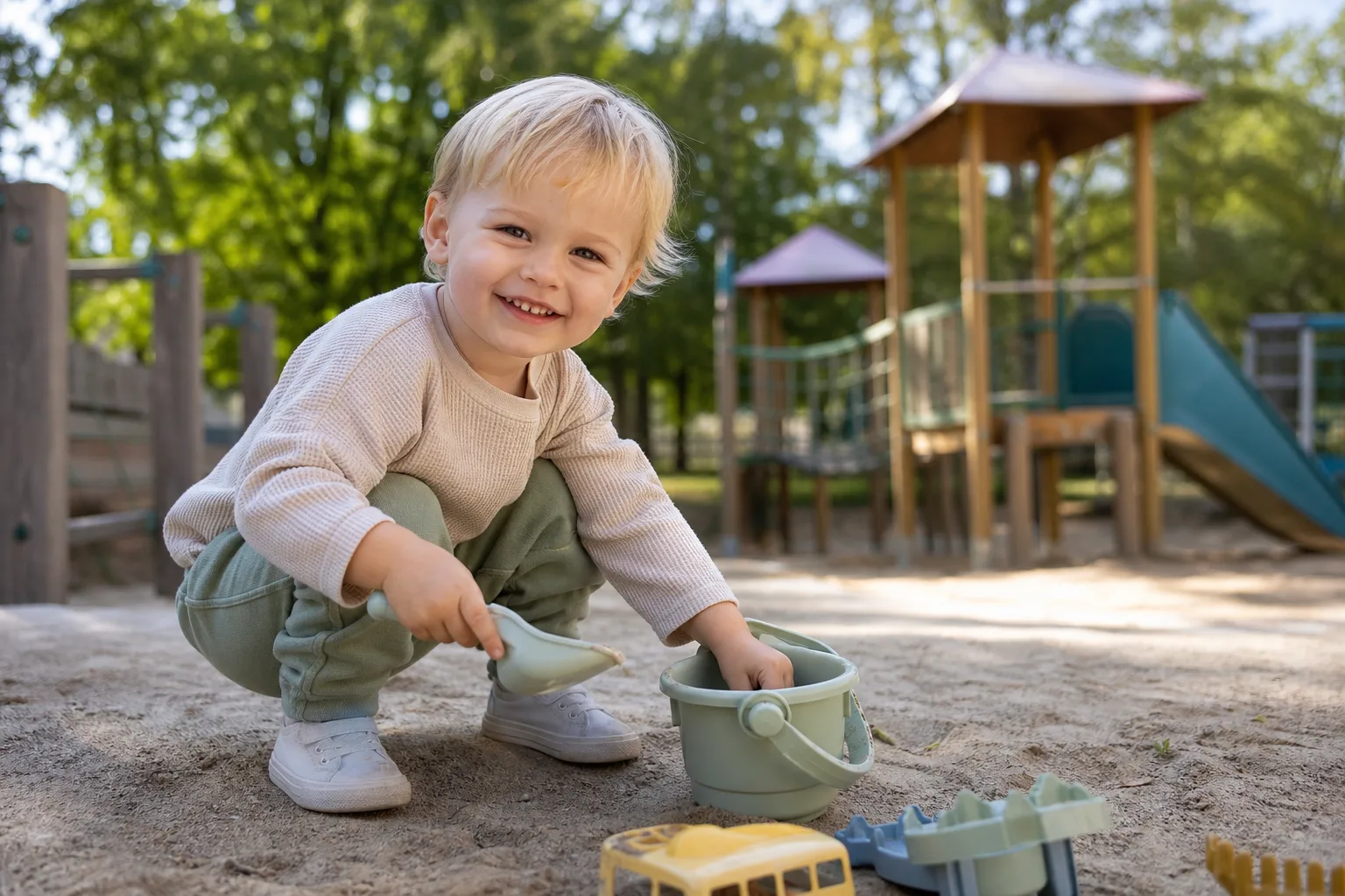 kisgyermek játszik egy parkban, kényelmes pamut ruhában, mosolygós arc