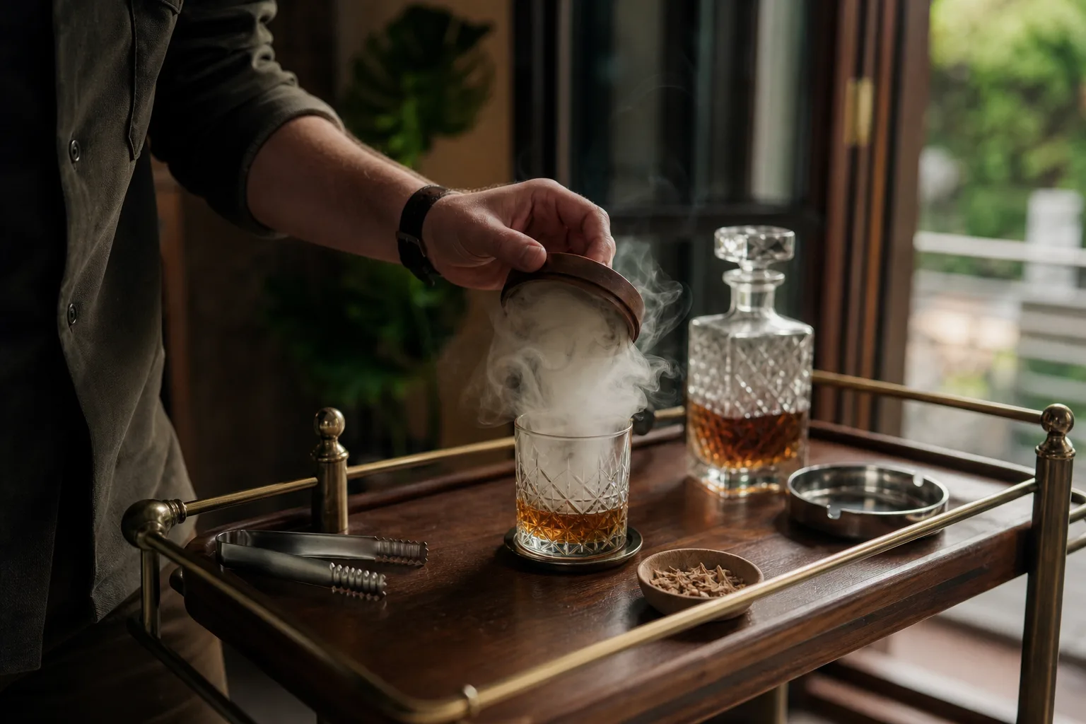 Otthoni nappali bárkocsinál készült jelenet: nyitott ablak mellett egy ember óvatosan felemeli a füstölő fedőt a whiskeyspohárról, sűrű füst gomolyog ki a pohárból, a bárkocsin jégcsipesz, üveg dekantáló, kis tálka faforgács és fém hamutálka van elhelyezve.