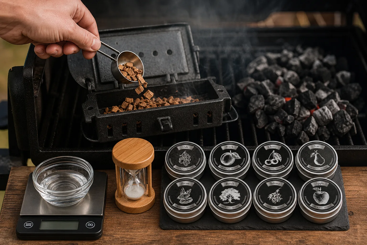 Öntöttvas füstölődobozba mérőkanállal faaprítékot adagoló kéz közelről fotózva, a grillrácson félretolt parázs, mellette konyhai mérleg, homokóra és egy kis vízzel telt tál, a háttérben enyhén felszálló füst.