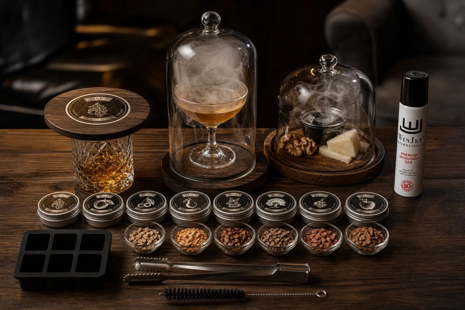 Sötét fa asztalon egymás mellett elrendezve háromféle whiskey füstölő megoldás: pohárra ülő fa fedél, üvegbúra alá tett koktélos pohár, valamint kis tálcán sajt és dió füstöléshez; körülöttük gázégő, különböző színű faaprítékok kis tálkákban, jégkockaforma, csipesz és tisztítókefe.