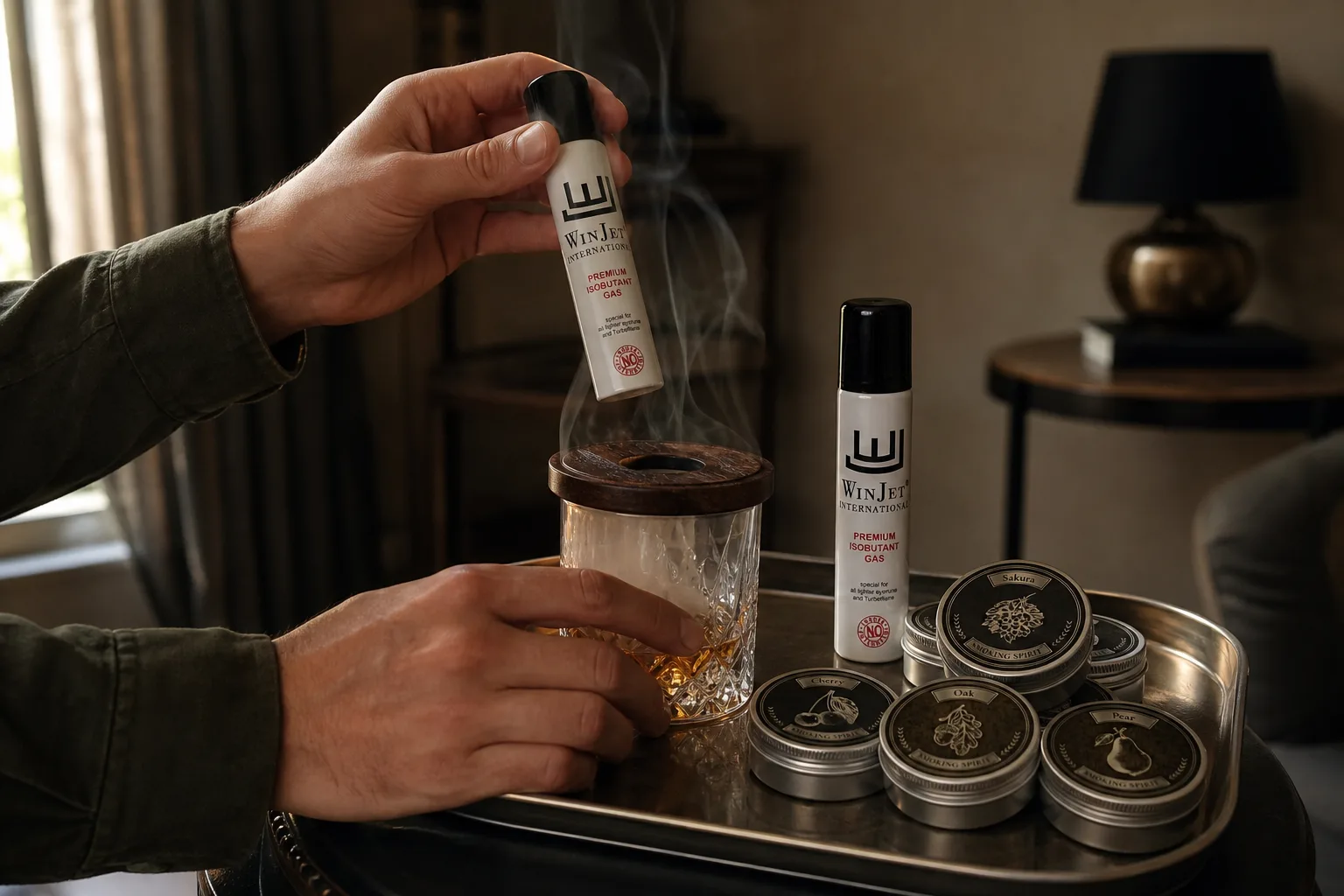 Nappali bárkocsiján stabil fémtálcán álló whiskeyspohár füstölő fedéllel, a közelben elhúzott függöny, távolabb gyertya nélküli dohányzóasztal és kikapcsolt lámpa; egy felnőtt éppen leemeli a kis flambírozót, miközben a másik kezével a füstölőt tartja stabilan.