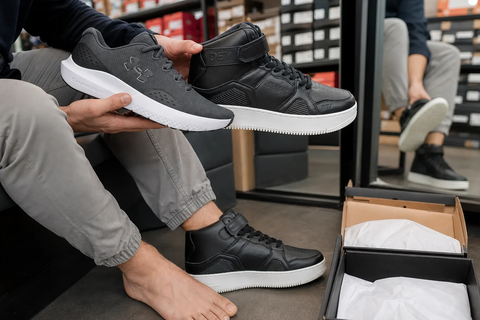 Egy outlet üzlet cipősorai között egy vásárló kézben tart két különböző stílusú, logó nélküli sportcipőt, mellette nyitott cipősdobozok és próbapad, a lábán az egyik párat próbálja tükör előtt.