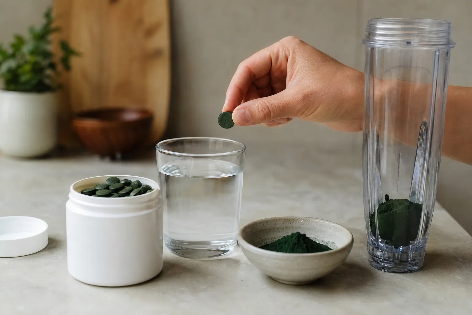 Konyhapulton egy nyitott spirulina tablettás üveg felirat nélküli fehér tégellyel, mellette egy kis tál zöld spirulina porral, egy pohár víz és egy turmixgép kelyhe; egy kéz épp a tablettát emeli a vizes pohár mellé, miközben a por a turmixgép felé van készítve.