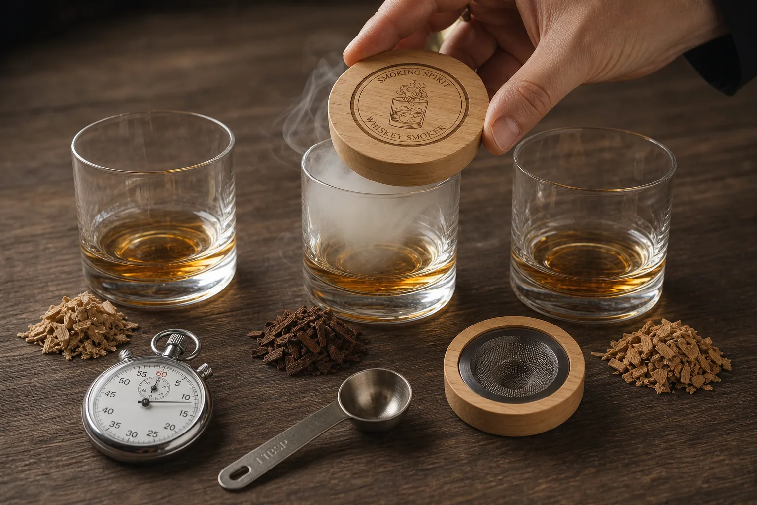 Fa étkezőasztalon egymás mellett három alacsony pohár whiskey, mindegyik mellett külön kis kupac faforgács, egy stopperóra, mérőkanál és használt füstölőfedél, miközben egy kéz éppen az egyik pohár fölé helyezi a füstölőt.