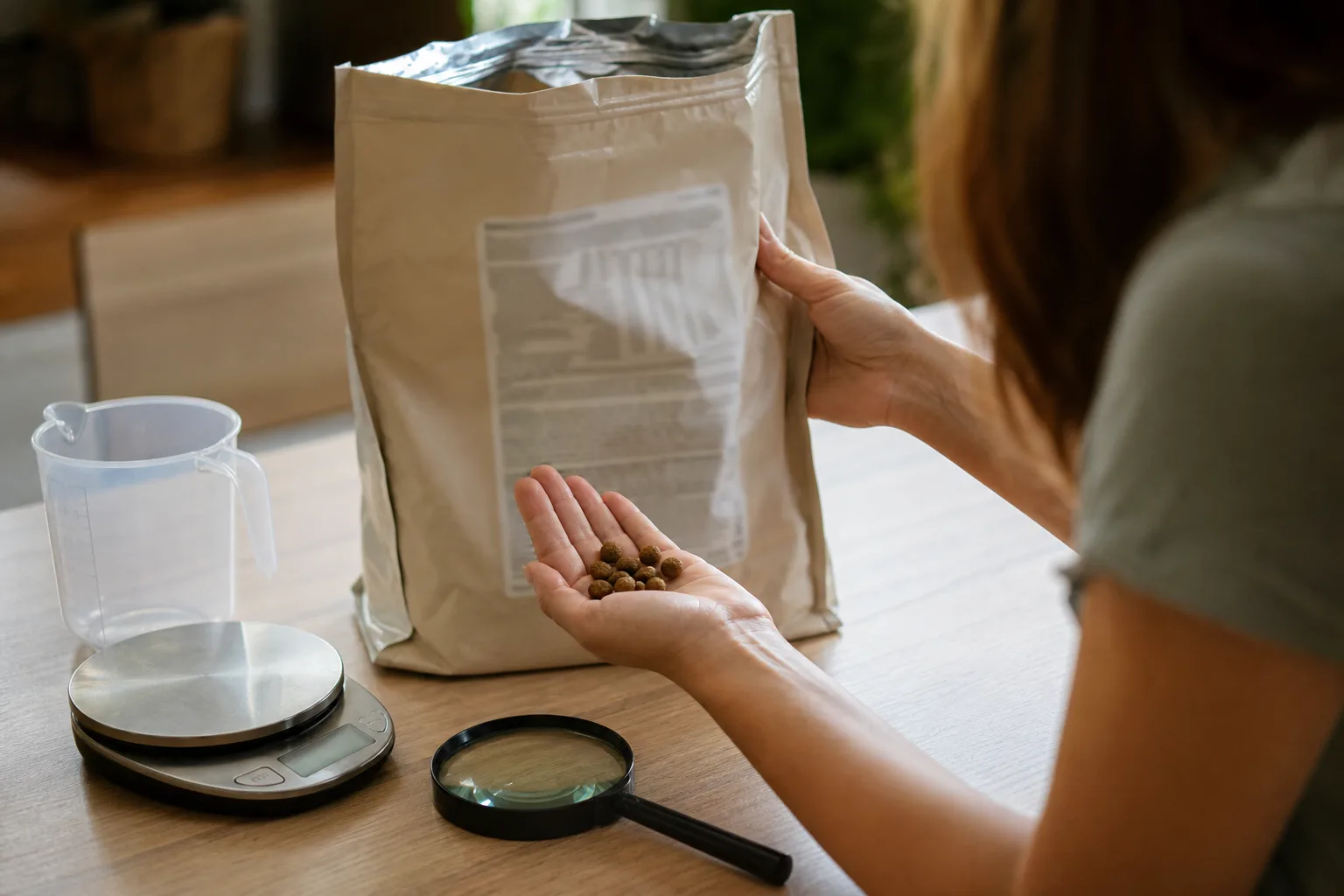 Konyhapulton egy felnyitott, felirat nélküli kutyatáp-zsák mellett digitális konyhai mérleg, mérőpohár és nagyító látható; a gazdi kezében néhány táp-szem van, a másik kezével a zsák hátoldalán lévő, elmosódott összetevő-táblázatot vizsgálja.