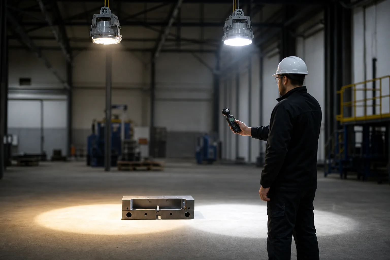 Magas belmagasságú csarnokban két különböző ipari lámpatest világít egy betonpadlóra helyezett munkadarabra; egy technikus kézi fénymérőt tart a megvilágított felület fölé, miközben a fényfoltok méretét és egyenletességét figyeli.