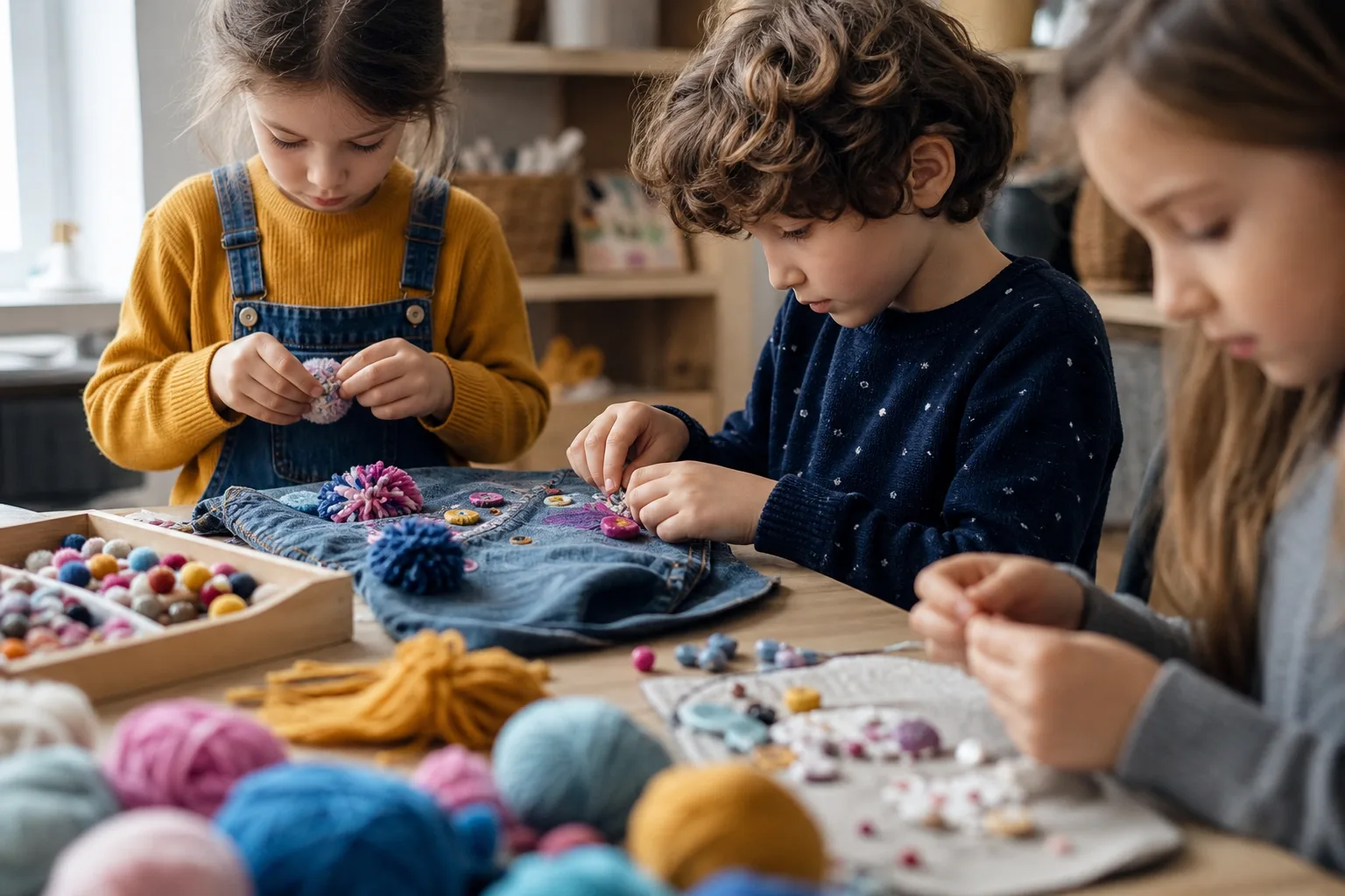 gyerekek közösen készítenek ruhadíszeket, színes fonalak és díszítő elemek között ülve