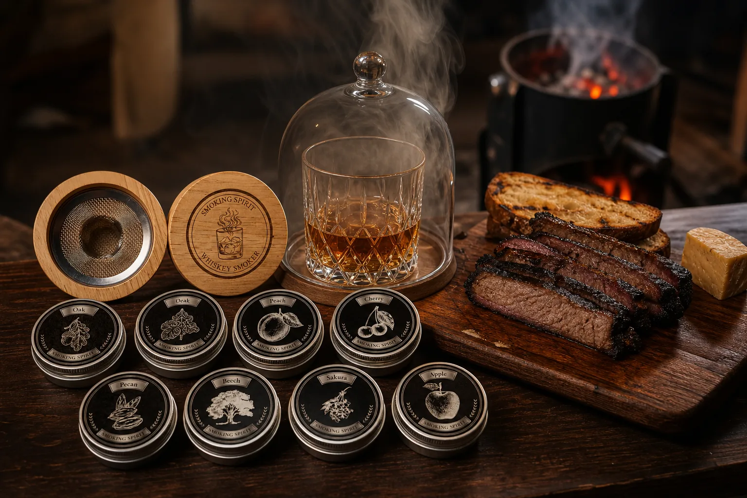 Sötét faasztalon borostyánszínű whiskey vastag falú pohárban, fölötte üvegbúra alatt gomolygó tölgyfafüst; mellette szeletelt, kérgesre sült marhaszegy, pirított kenyér és egy darab érlelt sajt, a háttérben parázstartóból felszálló vékony füstcsík.