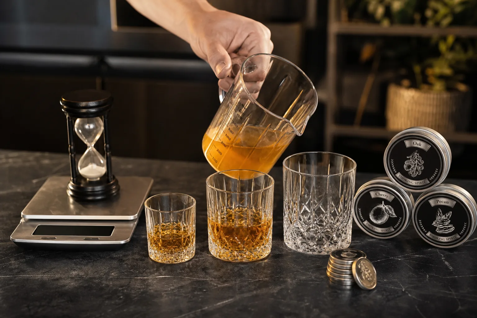 Konyhapulton egymás mellett három különböző méretű whiskeyspohár, mérőpohárba töltött borostyán ital, konyhai mérleg, homokóra és néhány egymásra rakott érme; egy kéz a mérőpoharat tartja az egyik pohár fölé, mintha az adag mennyiségét hasonlítaná össze.