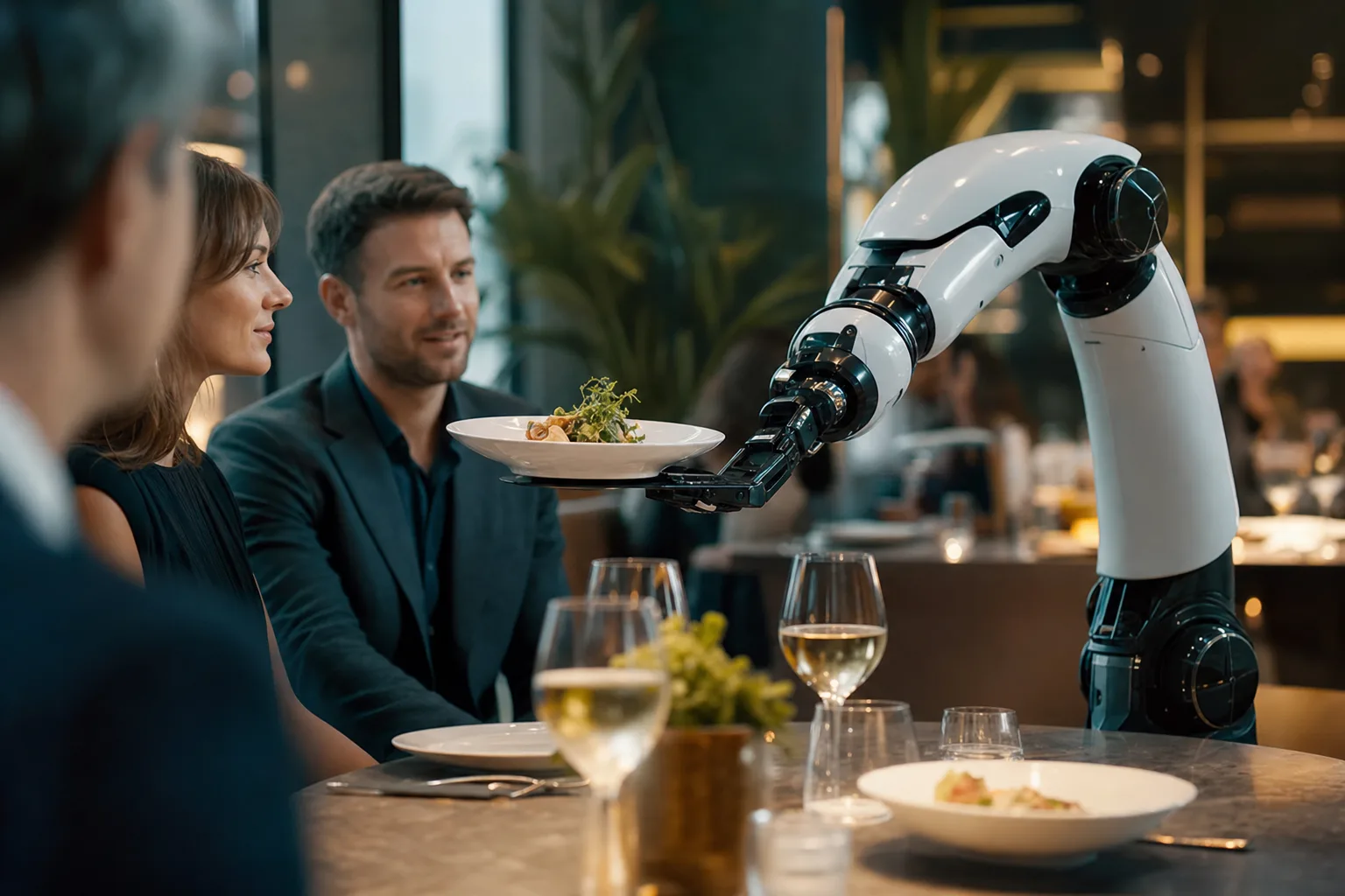 robot karok tálalják az ételt elegáns éttermi környezetben, vendégek figyelik