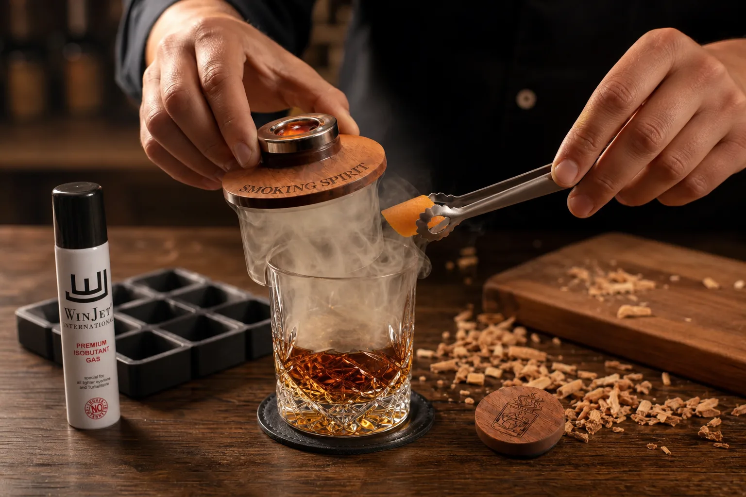 Otthoni bárszekrény előtti pulton egy kéz éppen felemeli az üvegbúrát a füsttel telt whiskeyspohárról, a másik kézben egy fém koktélcsipesz tart narancshéjat a pohár fölé; a háttérben fa vágódeszka, jégkockatartó és szétszórt faforgács látszik.
