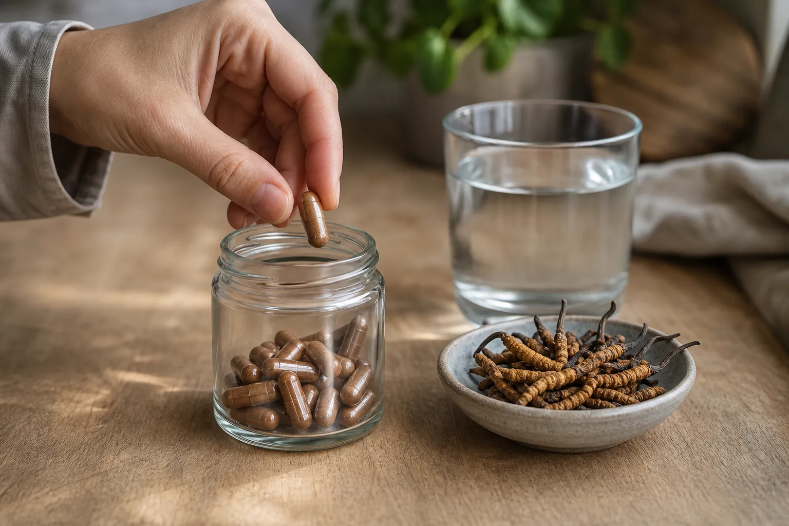 Konyhai faasztalon nyitott, jelöletlen üvegcsében barna cordyceps kapszulák, mellette szárított cordyceps gombák egy kerámia tálkában és egy pohár víz; egy kéz éppen egy kapszulát vesz ki az üvegből.