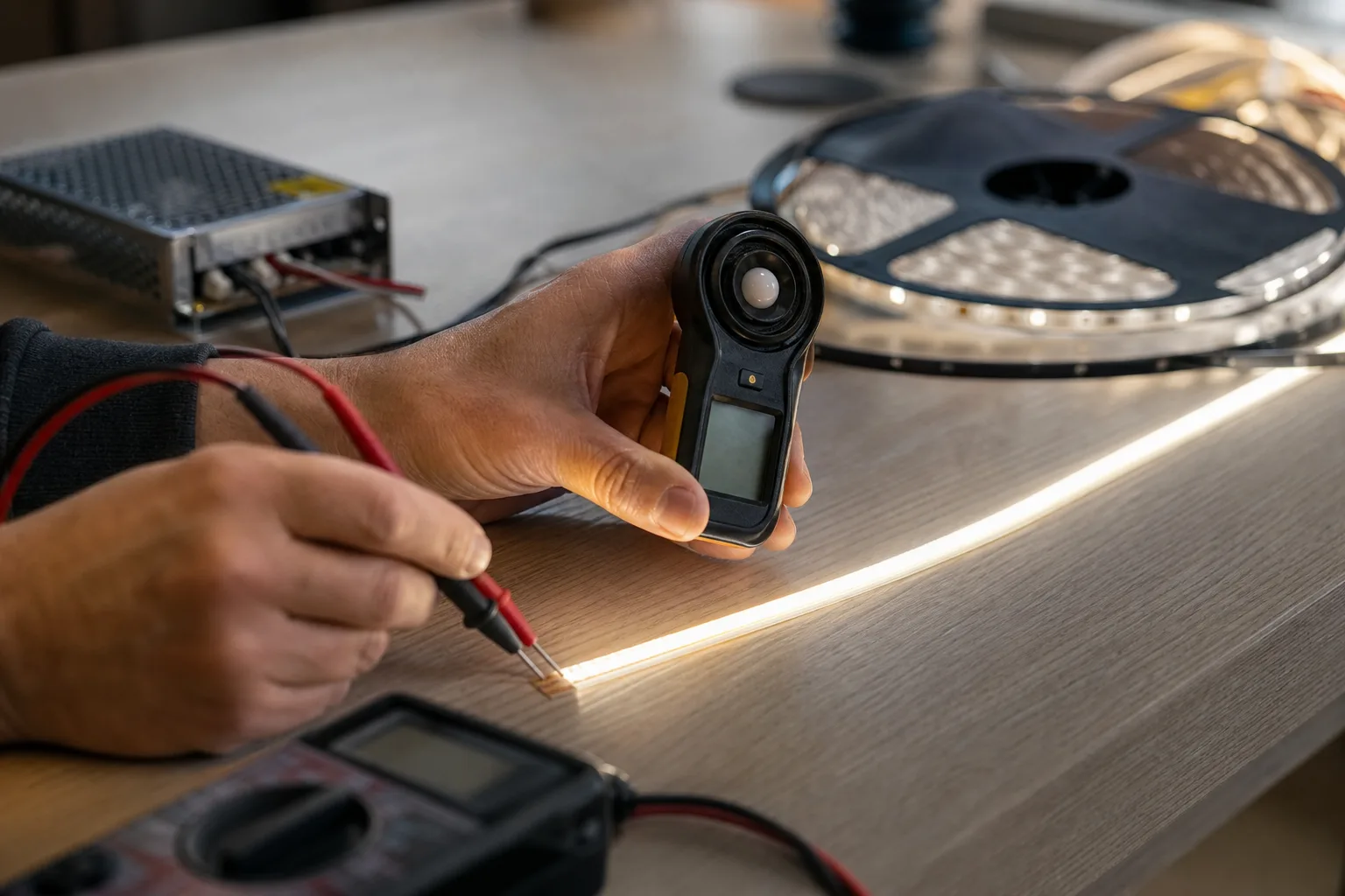 Munkapadon bekapcsolt COB LED szalag mérés közben: egy szerelő keze fényerőmérőt tart a szalag fölé, mellette multiméter mérőcsúcsai érintik a réz érintkezőket, a háttérben tápegység és feltekert LED szalag látszik, a kijelzők elfordítva vagy életlenül.
