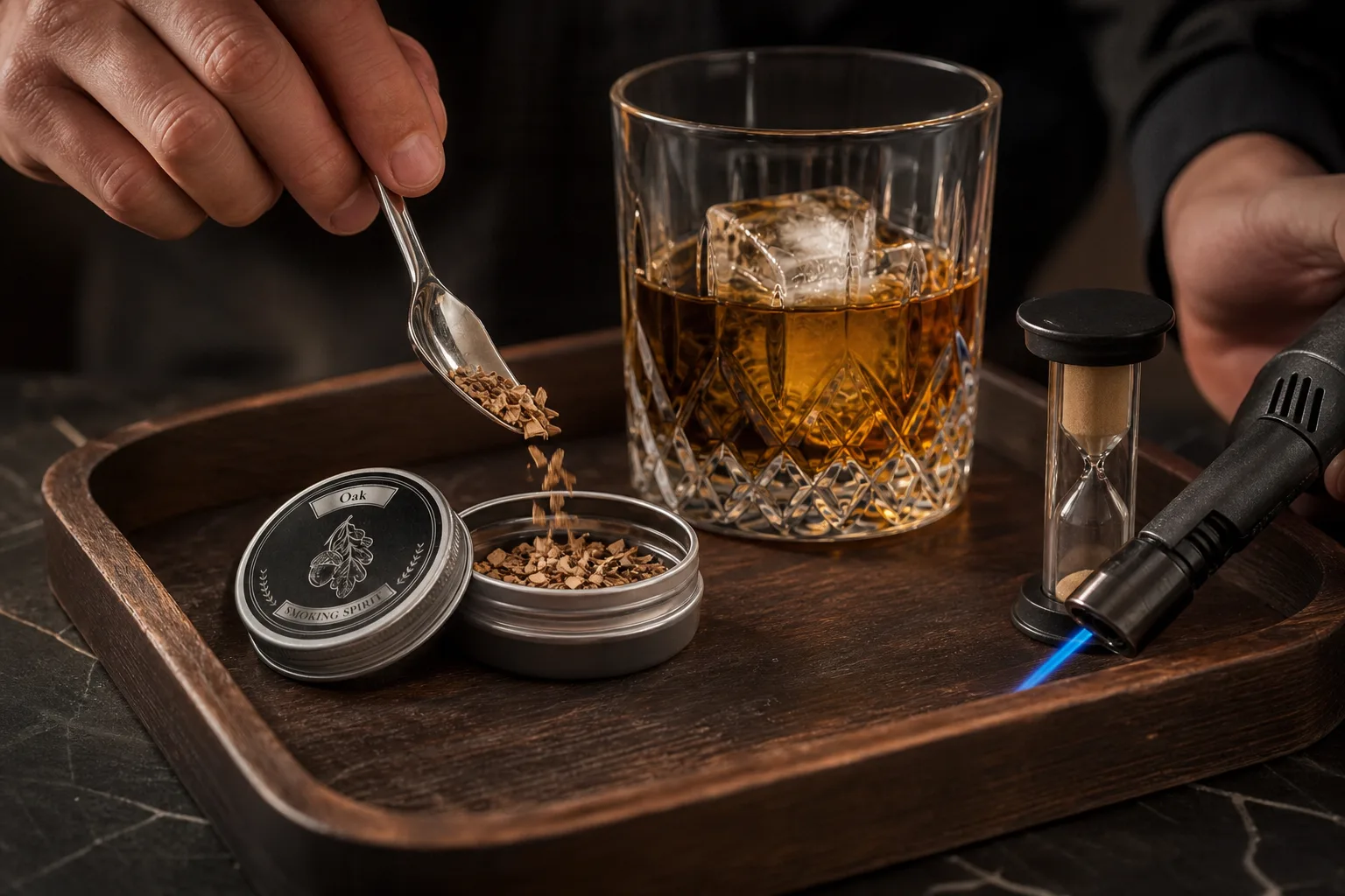 Fa tálcán precízen előkészített füstölés: egy csipet tölgyfaforgács egy kiskanálban, alacsony falú whiskeyspohár nagy jégkockával, kis homokóra, a pohár mellett tartott kézi gázégő rövid kék lánggal; egy kéz éppen a faforgácsot adagolja a füstölőbetétbe.