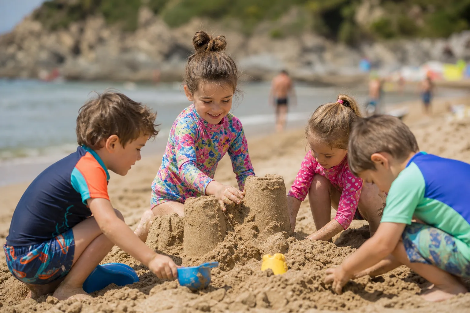 gyerekek vidám ruhákban játszanak a strandon, homokvár építés közben