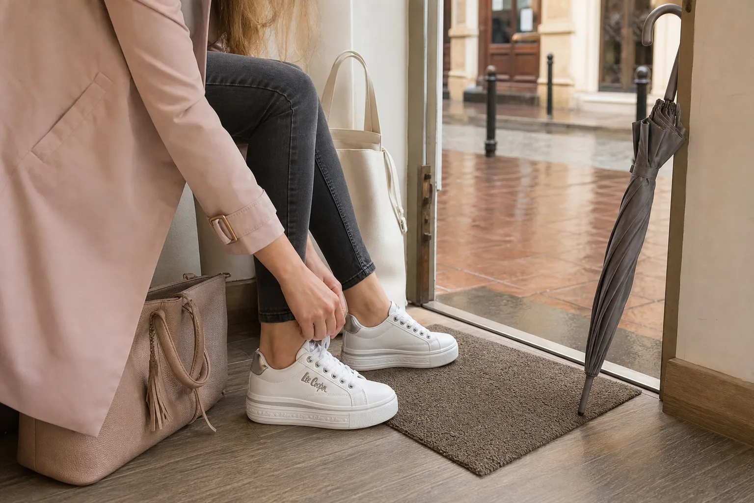 Előszobában egy ember felvesz egy sportos outlet cipőt, mellette munkatáska, vászontáska és esernyő, a nyitott ajtón túl nedves járda és városi utcarészlet látszik.