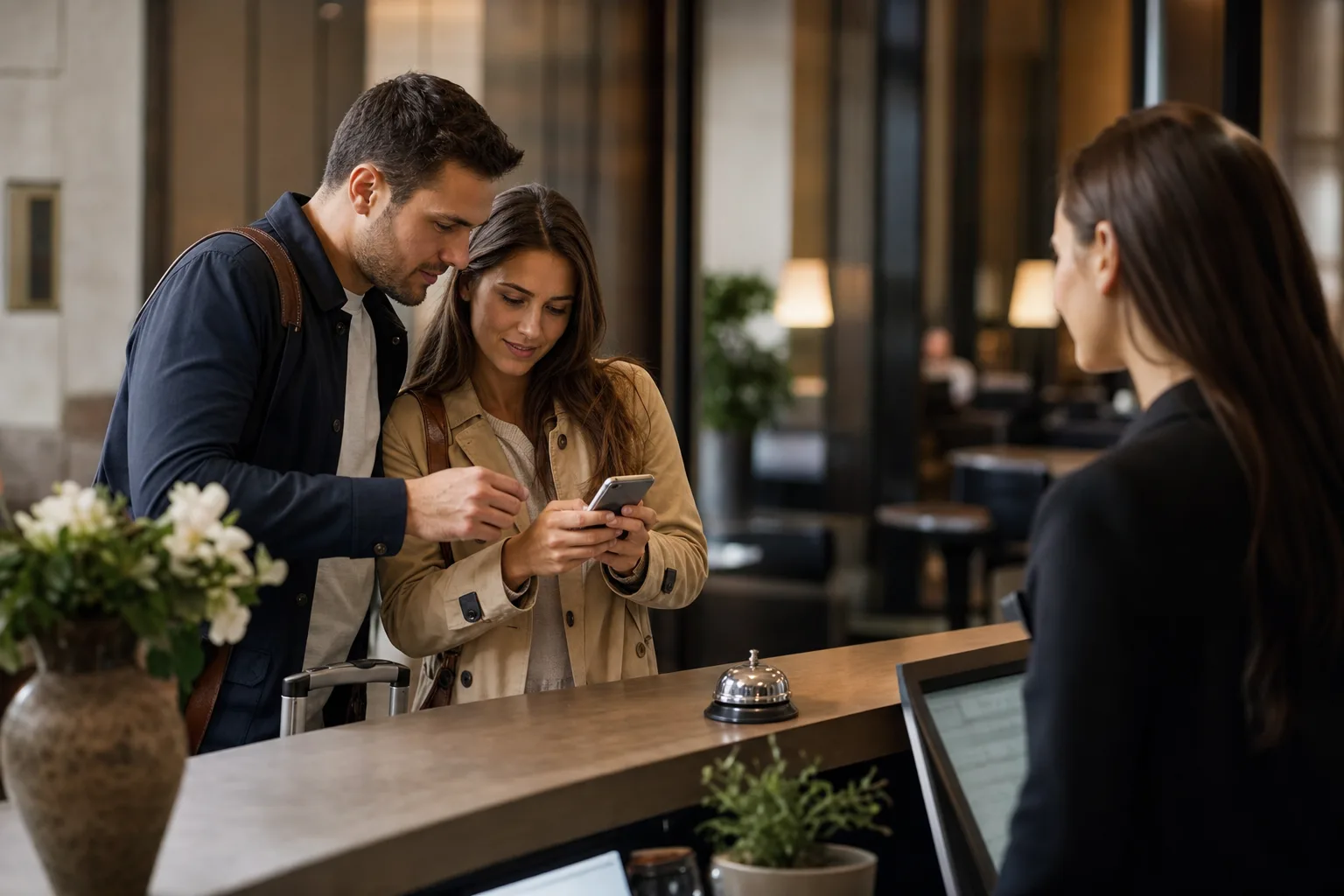 vendégek mobiltelefonon nézik a szálloda hűségprogramját, miközben a recepciónál állnak