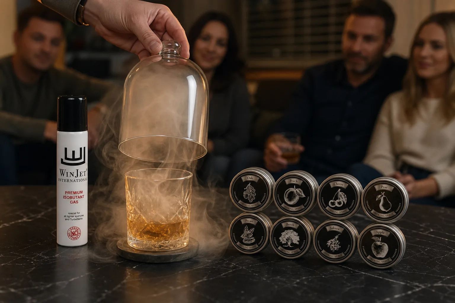 Otthoni étkezőasztalon egy whiskeyspoharat üvegbúra fed, alatta sűrű füst kavarog; a háttérben kanapén ülő vendégek figyelik, miközben egy kéz éppen felemeli a búrát a pohárról.
