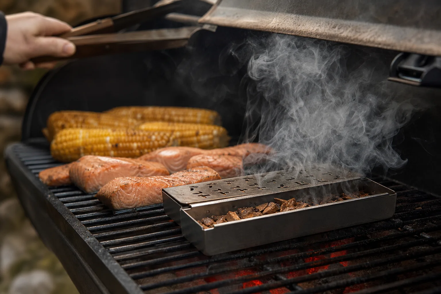 Közelkép egy nyitott grillsütőről: izzó parázs fölött nedvesített faapríték füstöl egy perforált fém füstölődobozban, a rácson lazacszeletek és kukoricacsövek sülnek, egy kéz hosszú csipesszel óvatosan félrehúzza a fedőt, hogy a vékony fehér füst látható legyen.