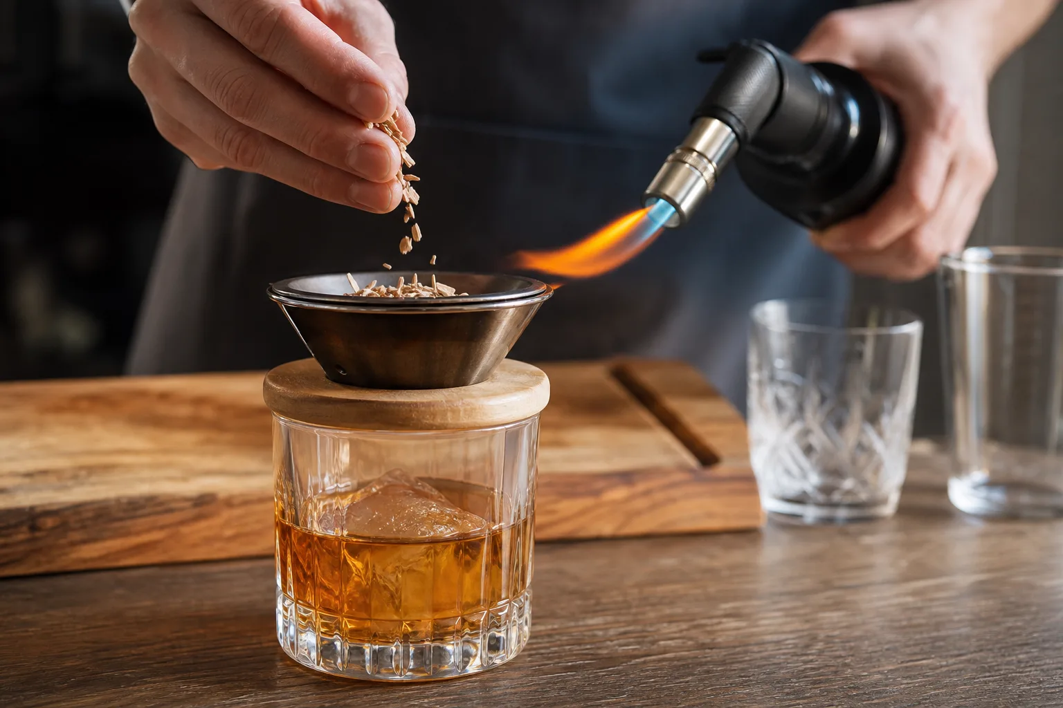 Közeli konyhapult-jelenet: egy kéz tölgyfaforgácsot szór egy pohár tetejére helyezett whiskey füstölő tölcsérébe, mellette borostyánszínű ital jégkockával, egy kis konyhai fáklya lángja éppen a forgács felé tart, a háttérben fa vágódeszka és tiszta üvegpoharak látszanak.
