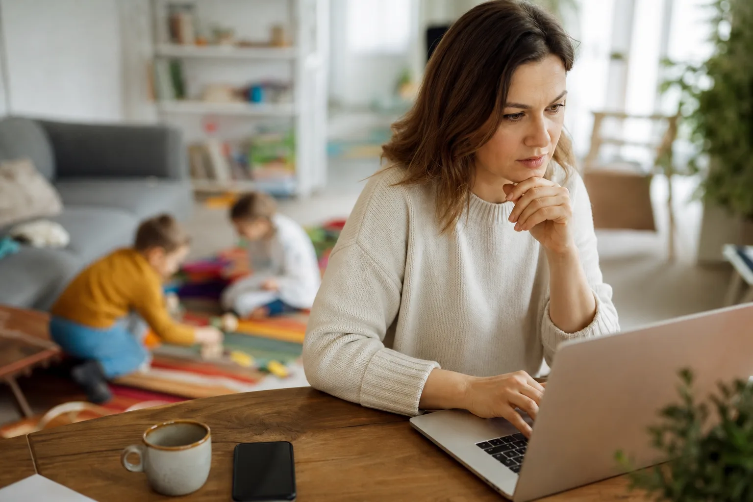 anya laptop előtt ülve kuponokat nézeget online, a háttérben gyerekek játszanak egy színes szőnyegen