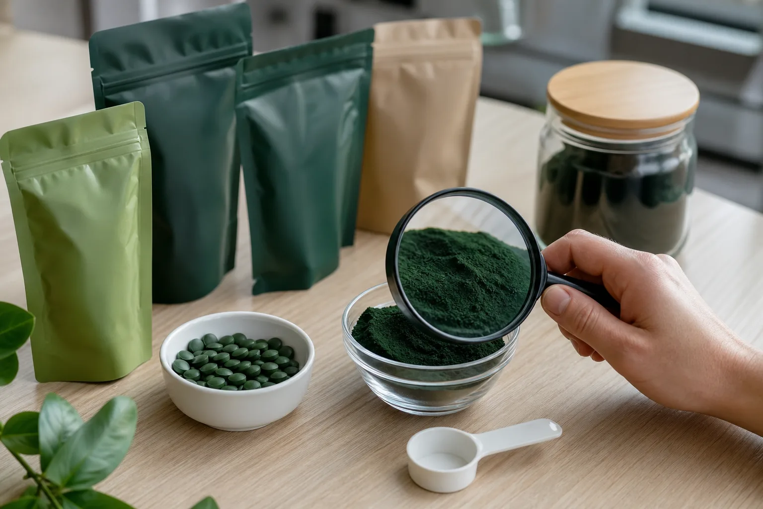 Világos konyhaasztalon több különböző, felirat nélküli spirulina csomagolás, kis üvegtálban sötétzöld por és külön tálkában tabletták; egy kéz nagyítóval vizsgálja a por állagát, mellette mérőkanál és lezárt üveg tárolóedény.