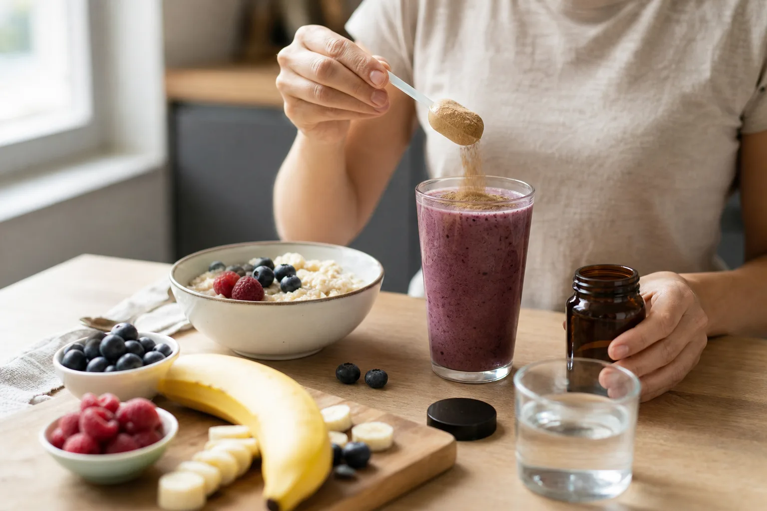 Reggeli konyhai jelenet: egy ember zabkásás tál mellé készített smoothie-ba szór egy mérőkanálnyi cordyceps port, az asztalon banán, bogyós gyümölcsök, egy pohár víz és egy címke nélküli kapszulás üveg látható.