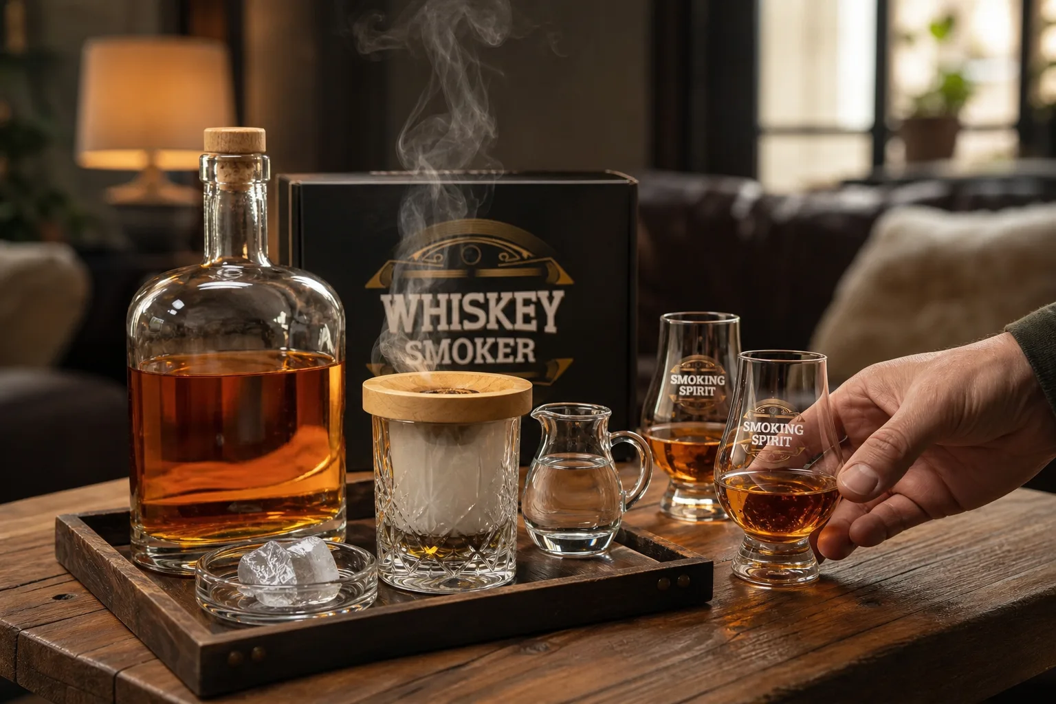 Meleg fényű nappaliban, alacsony fa dohányzóasztalon borostyánszínű whiskey egy címke nélküli üvegpalackban, két tulipán alakú kóstolópohár, egy kis kancsó víz és egyetlen nagy jégkocka üvegtálban; egy kéz éppen a tálcára helyezi a kiválasztott poharat.