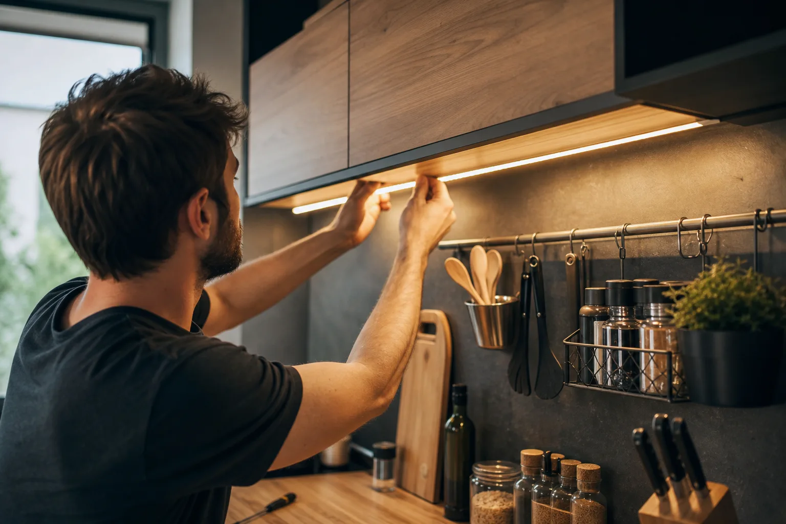 Egy modern konyhában, LED szalag világít a konyhapult alatt, egy ember éppen a szalagot ragasztja fel, körülötte konyhai eszközök és fűszerek.