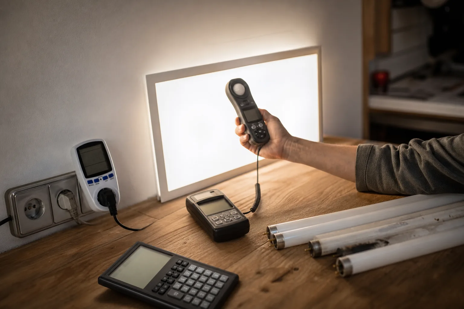 Műhelyasztalon bekapcsolt LED panel világít egy matt fehér falra, előtte kézi fényerőmérő, konnektorba dugott fogyasztásmérő, jegyzetfüzet nélküli számológép és egymás mellé tett régi fénycsőcsövek vannak, miközben egy kéz a mérőfejet a fény felé tartja.