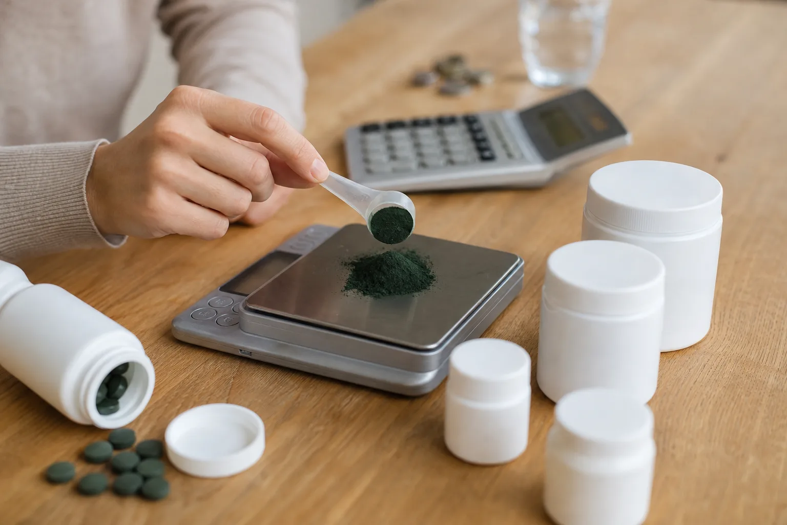 Étkezőasztalon digitális konyhai mérleg, mérőkanálban zöld spirulina por, mellette több különböző méretű felirat nélküli tégely és egy nyitott tablettás doboz; egy kéz a mérlegen lévő adagot igazítja, a háttérben számológép és aprópénz látszik.