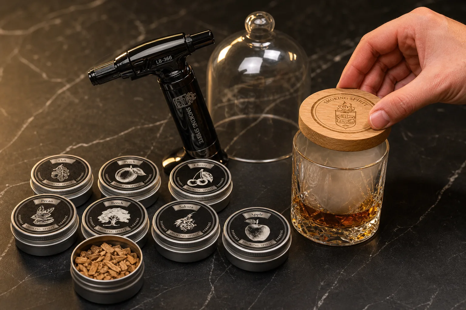 Konyhapulton elrendezett kezdő whiskey füstölő készlet: fa füstölőfedél, kis kézi lángszóró, egy üvegkupola, tölgyfa chips egy nyitott tálkában, mellette alacsony talpas pohár borostyánszínű itallal; egy kéz éppen a füstölőfedőt illeszti a pohár tetejére.