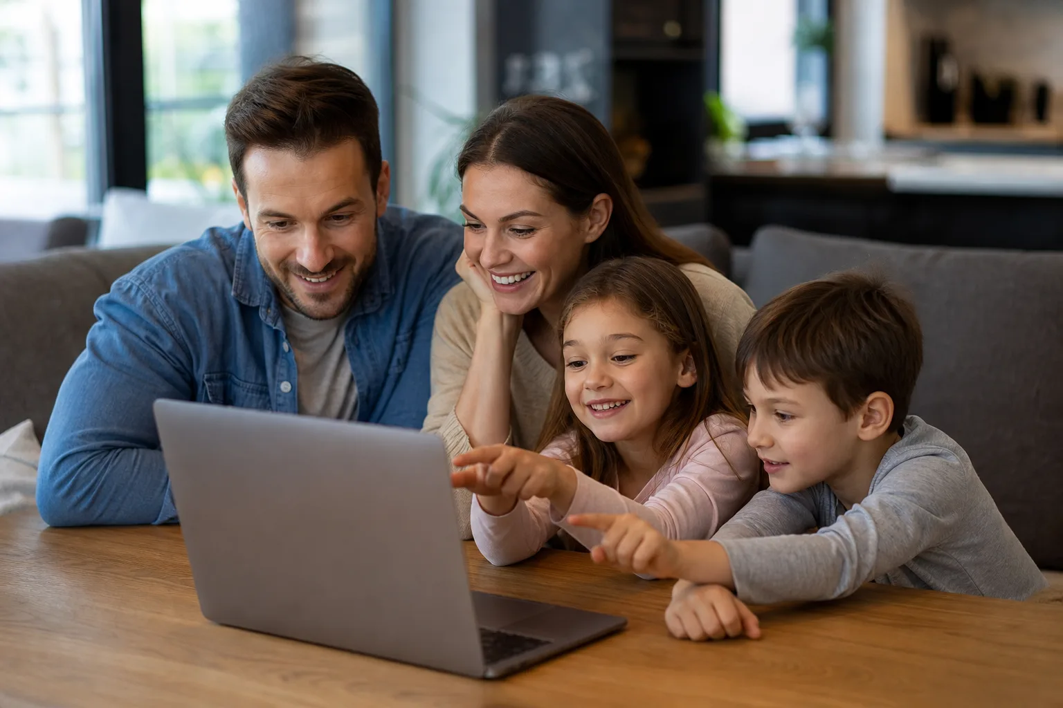 család online vásárol laptopon, gyerekek vidáman mutogatnak a képernyőre