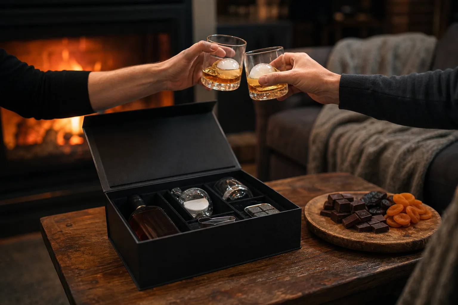 Kandalló melletti alacsony dohányzóasztalon kibontott whiskey-ajándékcsomag, két pohár jéggömbbel, fatálon étcsokoládé-kockák és aszalt gyümölcsök; két ember keze koccintás közben látszik egy puha takaróval borított kanapé előtt.